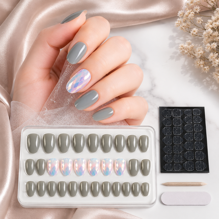 Ready to use Acrylic Gel nails Dark Grey & Silver (780-06)