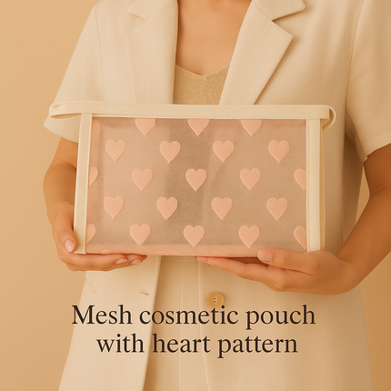 Mesh Cosmetic Pouch with Heart Design(Pink)