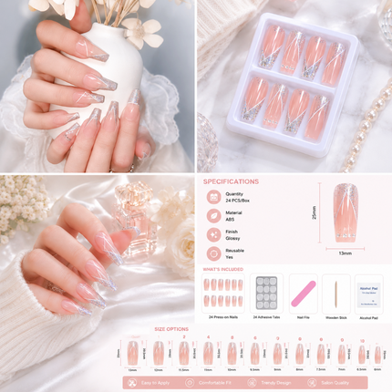 Ready to use Acrylic gel nails-Glitter Coffin French(P011-07)