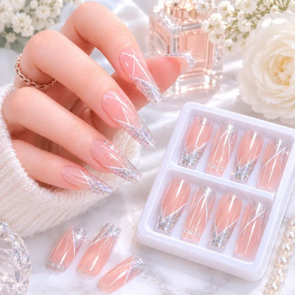 Ready to use Acrylic gel nails-Glitter Coffin French(P011-07)