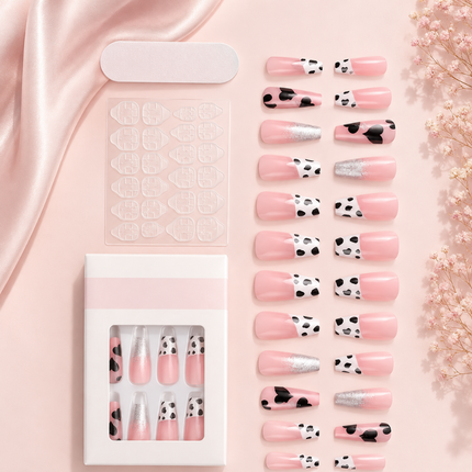 Ready to use Acrylic gel nails- Black and pink dotted (P011-3)