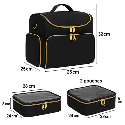 Black Quilted Nail Art Bag with Gold Zippers